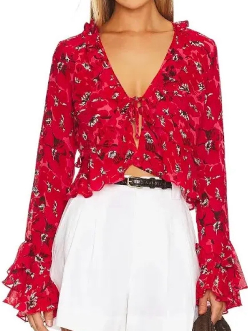 Faithfull the Brand Red Floral Tie-Front Ruffle Blouse